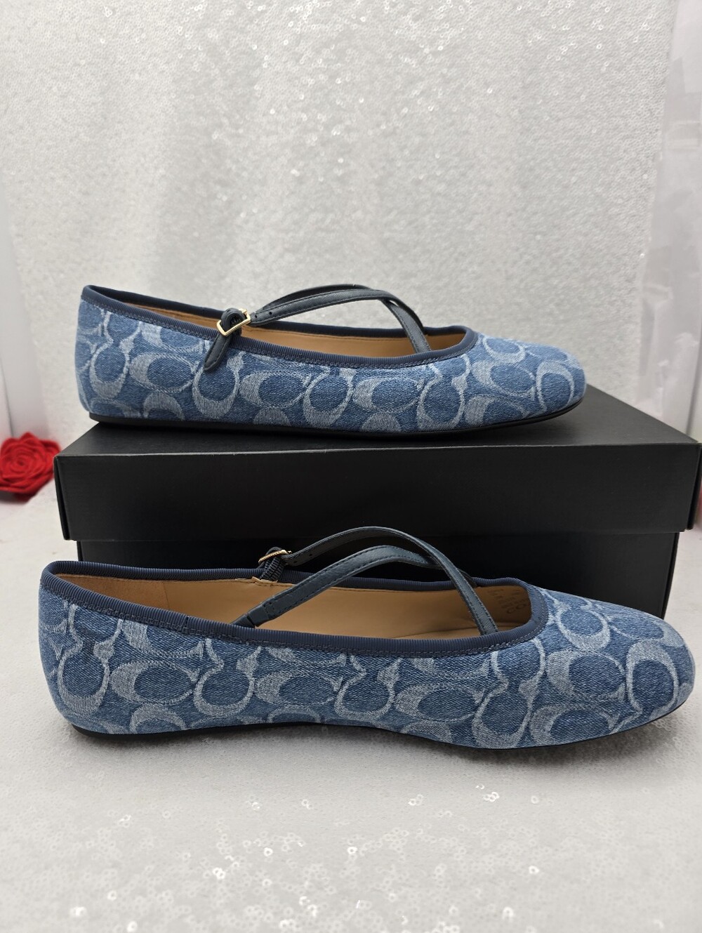 Coach Phoebe Signature Denim Ballet Flsts Cris-cross Leather Flats Women's 10 - Picture 3 of 11